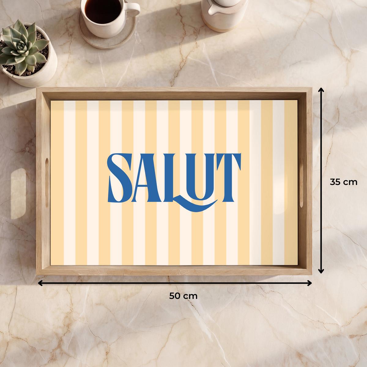 TABLETT Salut - Zitat - Streifen - Gelb - Blau - Weiß 50x35 cm - Beige, Holz (50/5/5cm) - OnlyWow