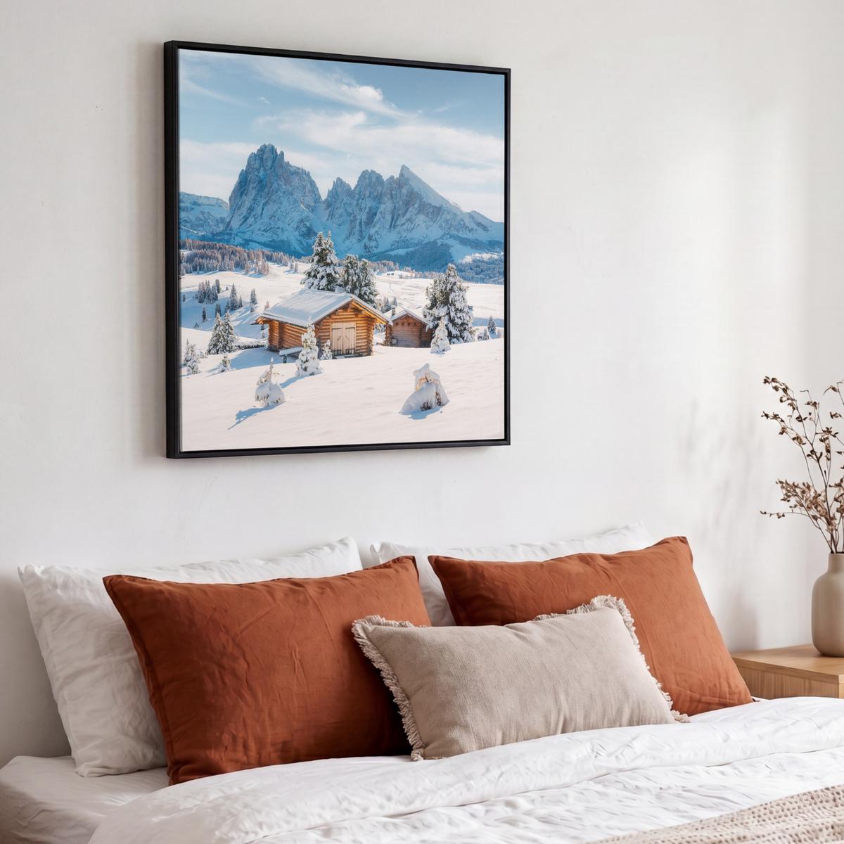 LEINWAND Bilder mit Rahmen - Winter - Hütte - Berge - Aussicht - Schnee - 50x50 - Eichefarben, Textil (50/50cm) - MuchoWow