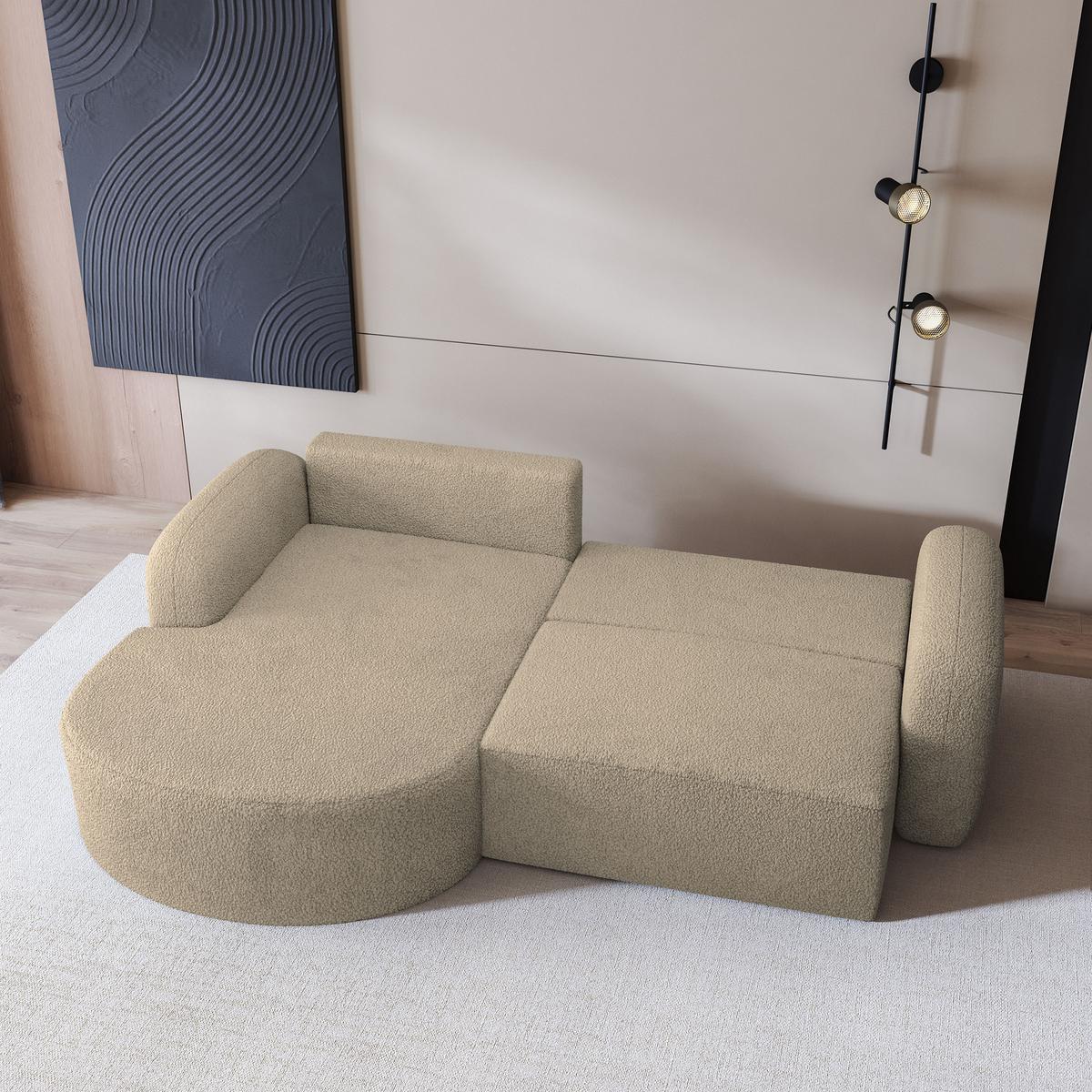 ECKSOFA AMILIA L-S Beige Boucle-Stoff mit Schlaffunktion - Beige, Holz (263/174cm) - MASSENO