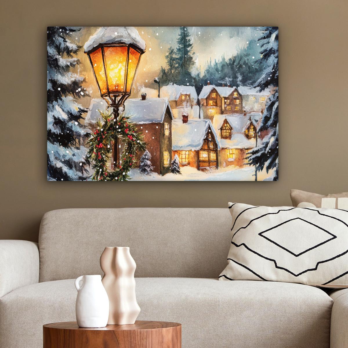 LEINWANDBILD Weihnachtsdorf - Häuser - Schnee - Weihnachten Gemälde 60x40 cm - Sandfarben, Textil (60/40cm) - MuchoWow