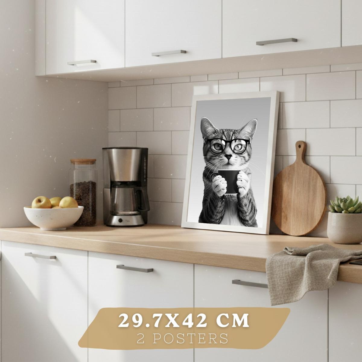POSTER 4er Set Lustige Tiere mit Brille Wandbilder Katze Dalmatiner Panda Koch Schwarz Weiß Küche Deko Weißer Rahmen A3 - Weiß, Papier (29.7/1/42cm) - Nacnic