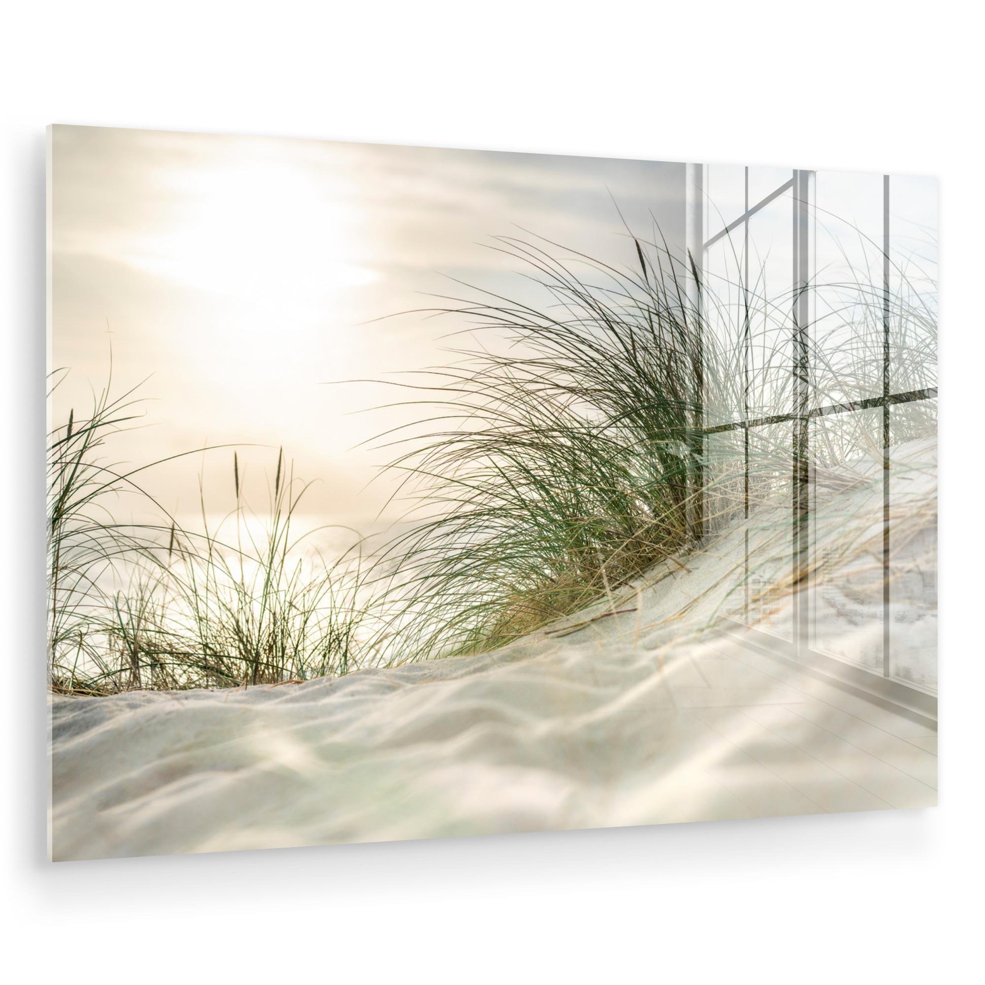 ACRYLGLASBILD Dünen mit Strandhafer in der Sonne des Nationalparks Schleswig-Holsteinisches Wattenmeer Wandbild Schlafzimmer 120x80 cm - Creme, Glas (120/80cm) - MuchoWow