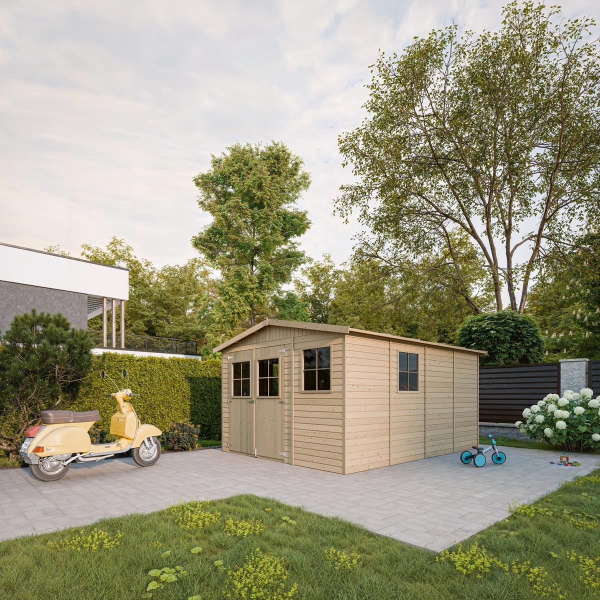 HOLZ-GARTENHAUS MIT IMPRÄGNIERTEM BODEN - H226x418x320 cm/12 m² - M336+336G - Beige, Holz (324/232/395cm) - Timbela