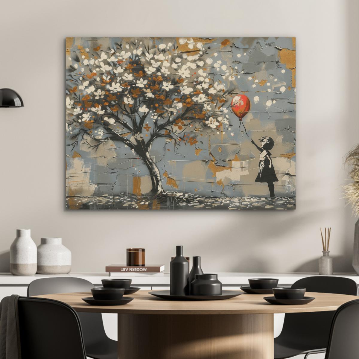 AKUSTIKBILD Baum - Graffiti - Banksy-Stil - Ballon-Mädchen Gemälde 80x60 cm - Blaugrau, Kunststoff (80/60/0.9cm) - MuchoWow