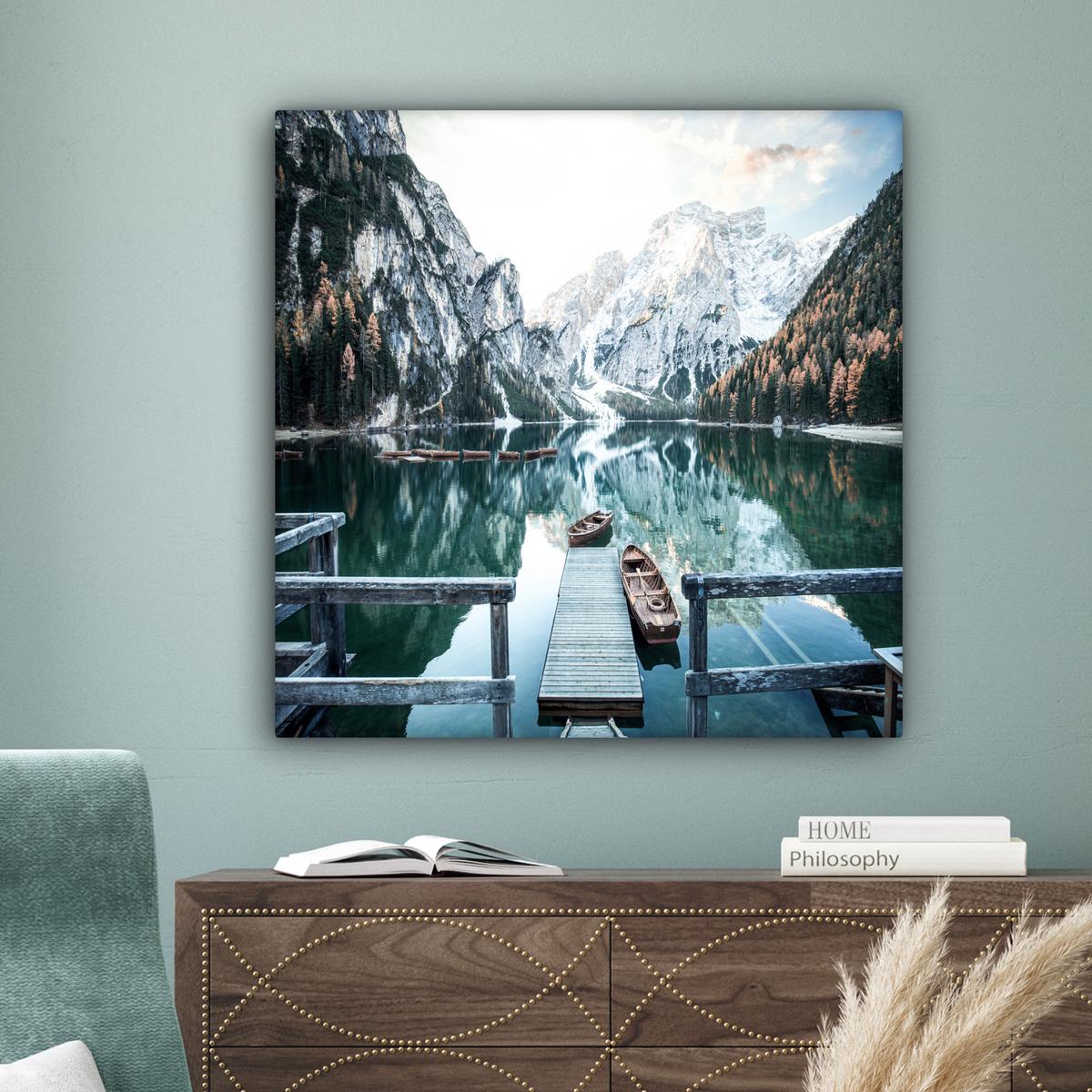 LEINWANDBILD Natur - Berge - Schnee - Wald - Boot Deko Groß 90x90 cm - Hellgrün, Textil (90/90cm) - MuchoWow