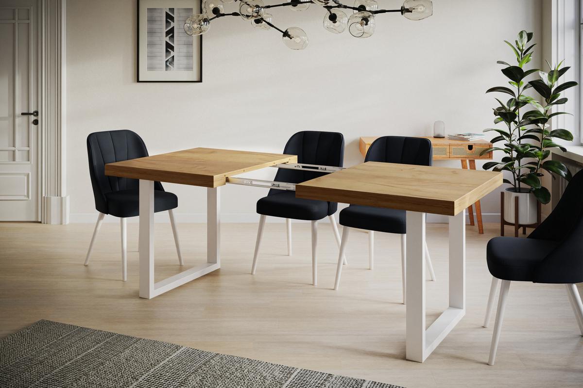 INDUSTRIELLER Esszimmertisch LOFT-U, ausziehbarer Tisch, Größe: 120-220X80X77 cm, Wohnzimmertisch Farbe: CRAFT, mit Metallbeinen in Farbe Weiß - Braun/Weiß, Holzwerkstoff (120/80/77cm) - Alpi-Möbel