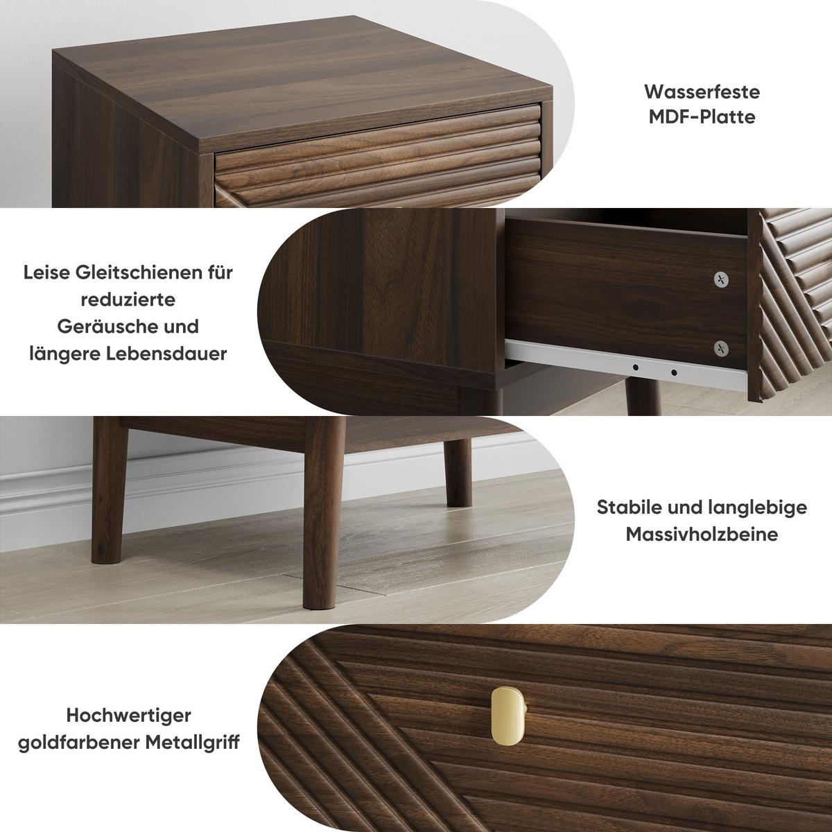 NACHTTISCH Set 2er Walnuss 40 cm – Mid Century Nachtkonsole mit Rillenfront & Goldgriff - Walnussfarben, Holzwerkstoff (40/55/40cm) - Urban Meuble
