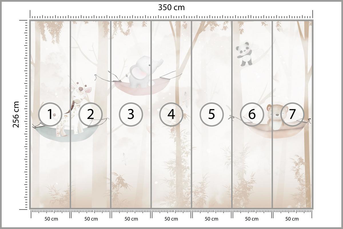 FOTOTAPETE für Kinderzimmer Tiere Hängematten WALD Elefant Giraffe 350x256 - Beige/Schwarz, Papier (350/256cm) - Muralo
