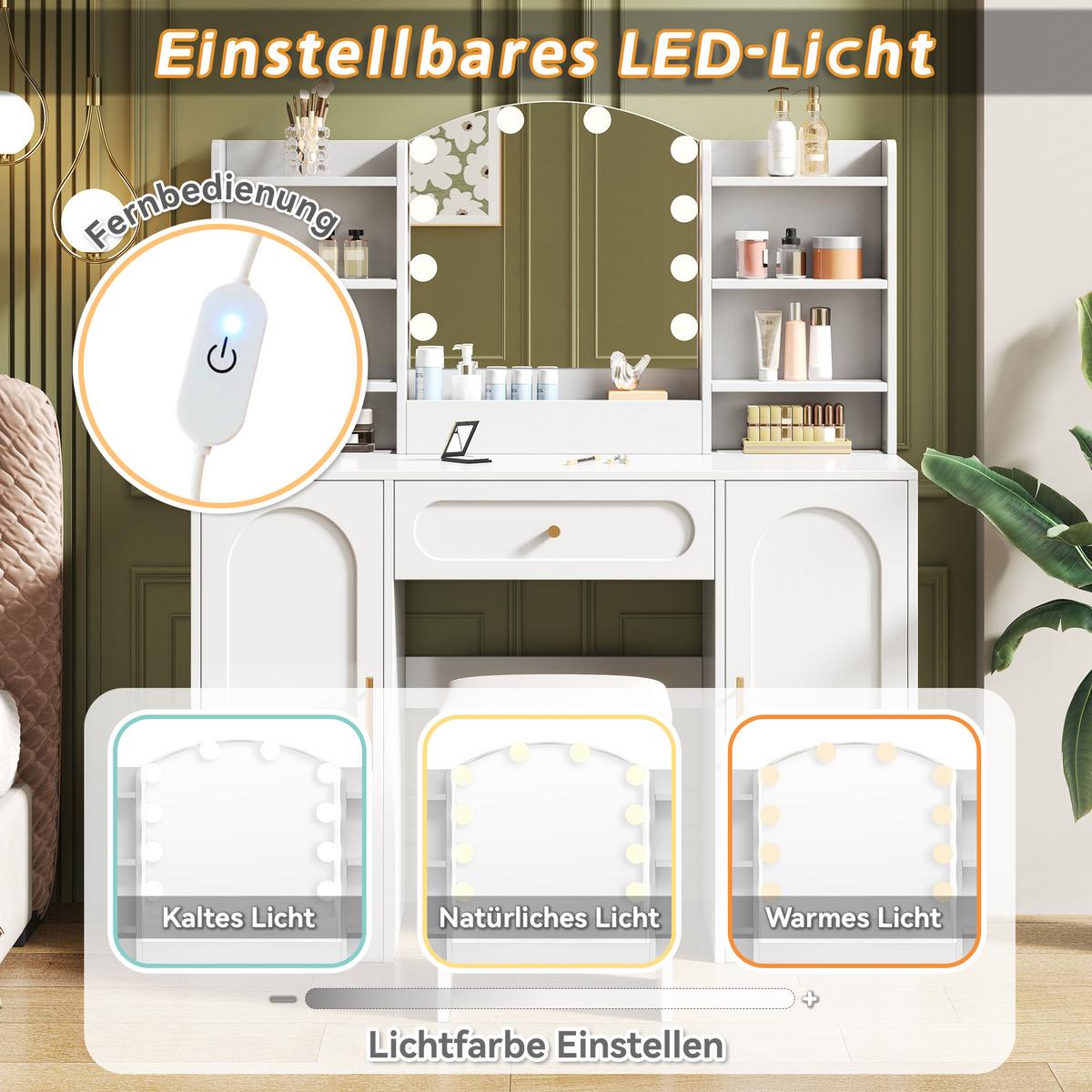 SCHMINKTISCH LED mit Hocker Spiegel Stauraum - Weiß, Holzwerkstoff (110/132/40cm) - Urban Meuble