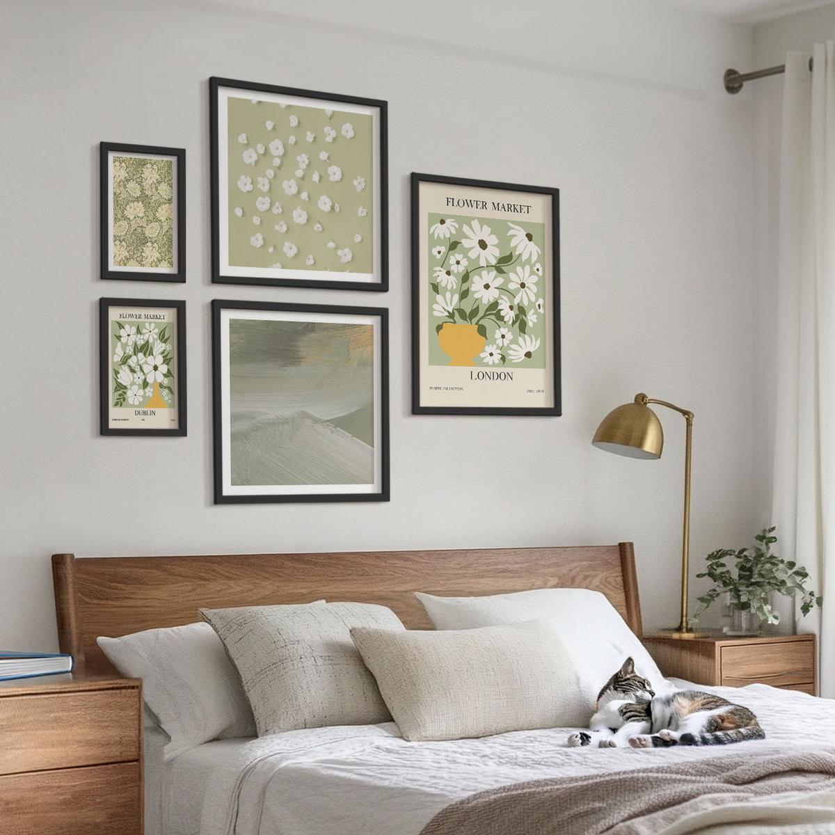 BILDER SET 5er Set - 50x50 cm & 20x30 cm & 40x60 cm Schwarzer Rahmen - Florale Abstraktionen im Boho-Stil - Schwarz, Kunststoff (40/60cm) - TULUP