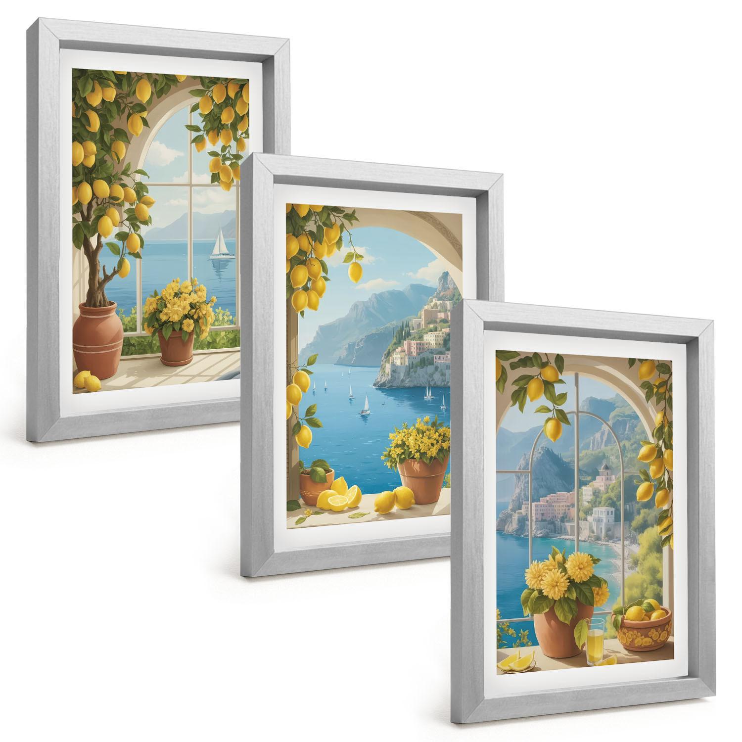 BILDER SET 3er Set - 20x30 cm Silberner Rahmen - Meereslandschaften, Zitronen, Fenster - Silberfarben, Kunststoff (20/30cm) - TULUP