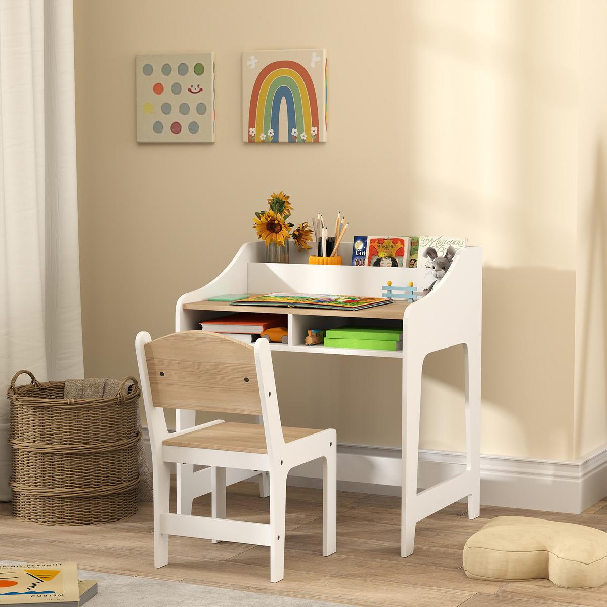 KINDERSCHREIBTISCH-SET 2er Set MDF Naturholz - Naturfarben/Weiß, Holzwerkstoff (48/68/60cm) - AIYAPLAY