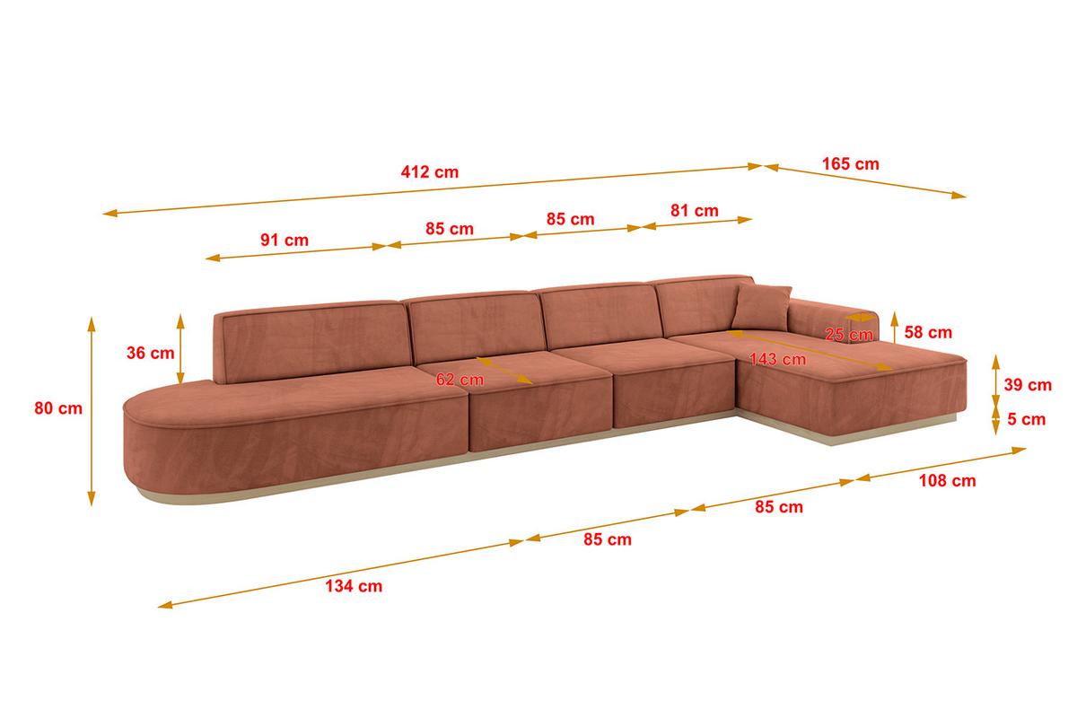 ECKSOFA Ottomane Rechts IREA-L3 - 412x165x80 cm Apricot - Koralle, Holzwerkstoff/Textil (412/165cm) - ALTDECOR