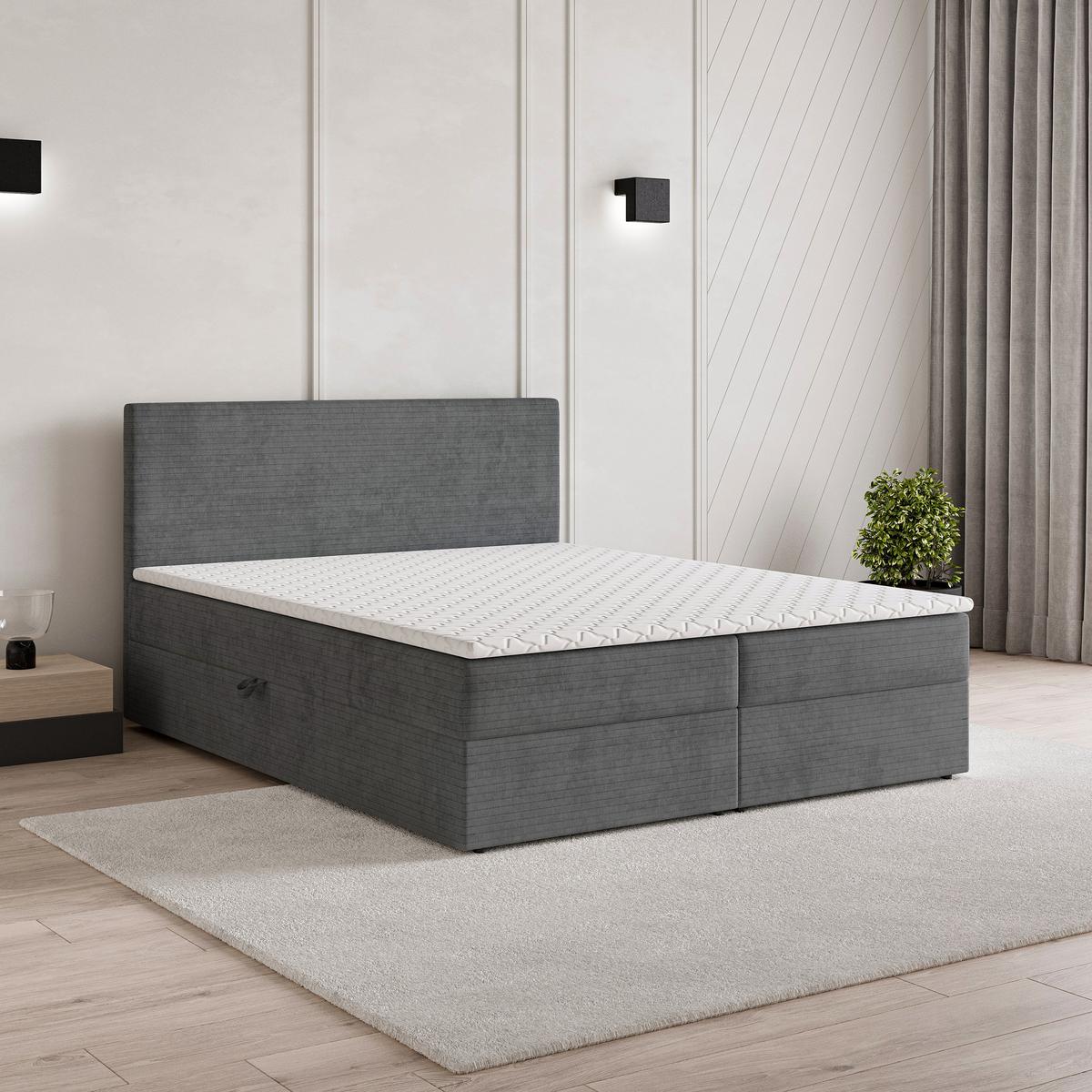 BOXBETT NIRA 180x200 cm mit Matratze und Topper - Grau - Grau, Holz (180/200cm) - MASSENO