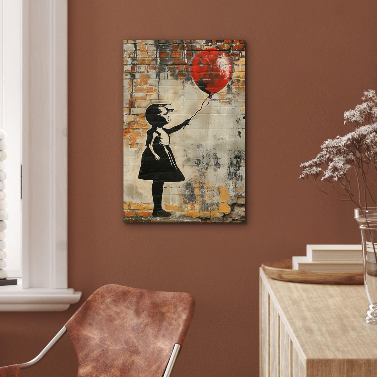 METALLBILD Graffiti - Banksy - Mädchen - Straßenkunst Deko Schlafzimmer 40x60 cm - Sandfarben, Metall (40/60cm) - MuchoWow