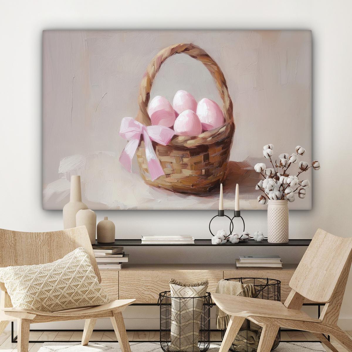 LEINWANDBILD Korb - Eier - Rosa XXL 150x100 cm - Beige, Textil (150/100cm) - MuchoWow