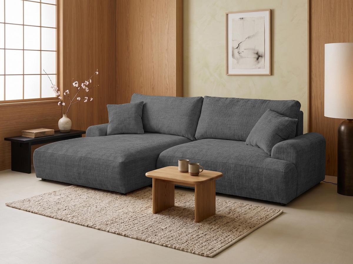 ECKSOFA Melvano mit Schlaffunktion und Bettkasten im Japandi-Stil aus weichem Grau Chenille-Stoff - Schwarz/Grau, Holz/Kunststoff (145/240cm) - S-Style