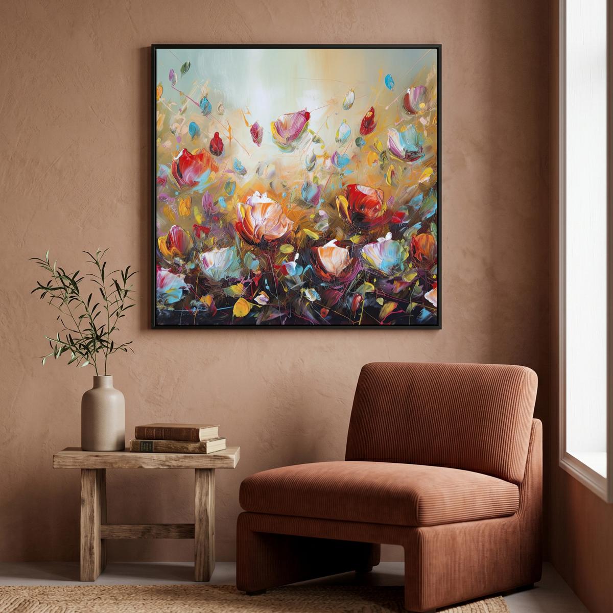 LEINWAND Bilder mit Rahmen - Blumen - Kunst - Natur - Ölgemälde - 90x90 - Multicolor, Textil (90/90cm) - MuchoWow