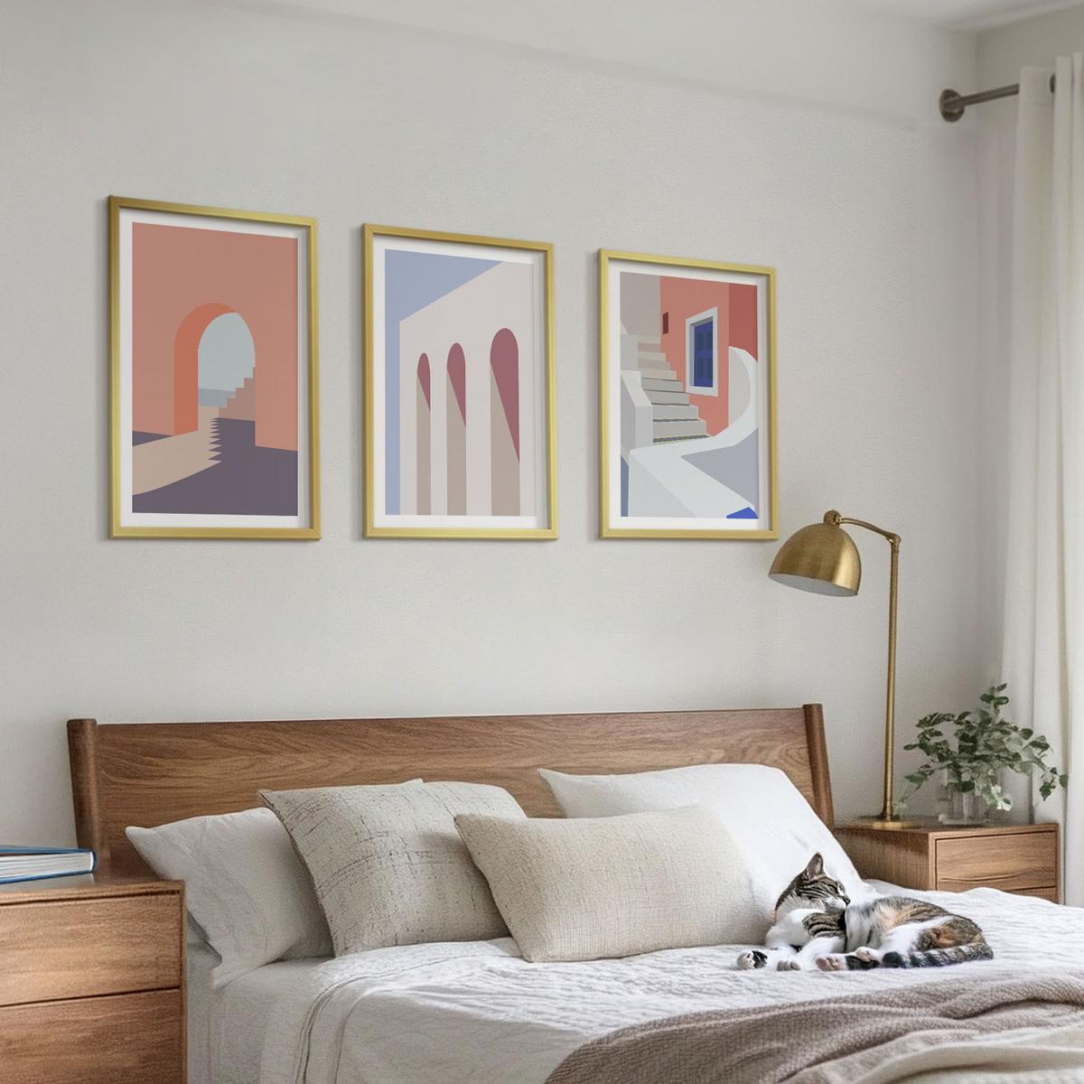 BILDER SET 3er Set - 40x60 cm Goldrahmen - Minimalistische Architekturillustrationen - Goldfarben, Kunststoff (40/60cm) - TULUP