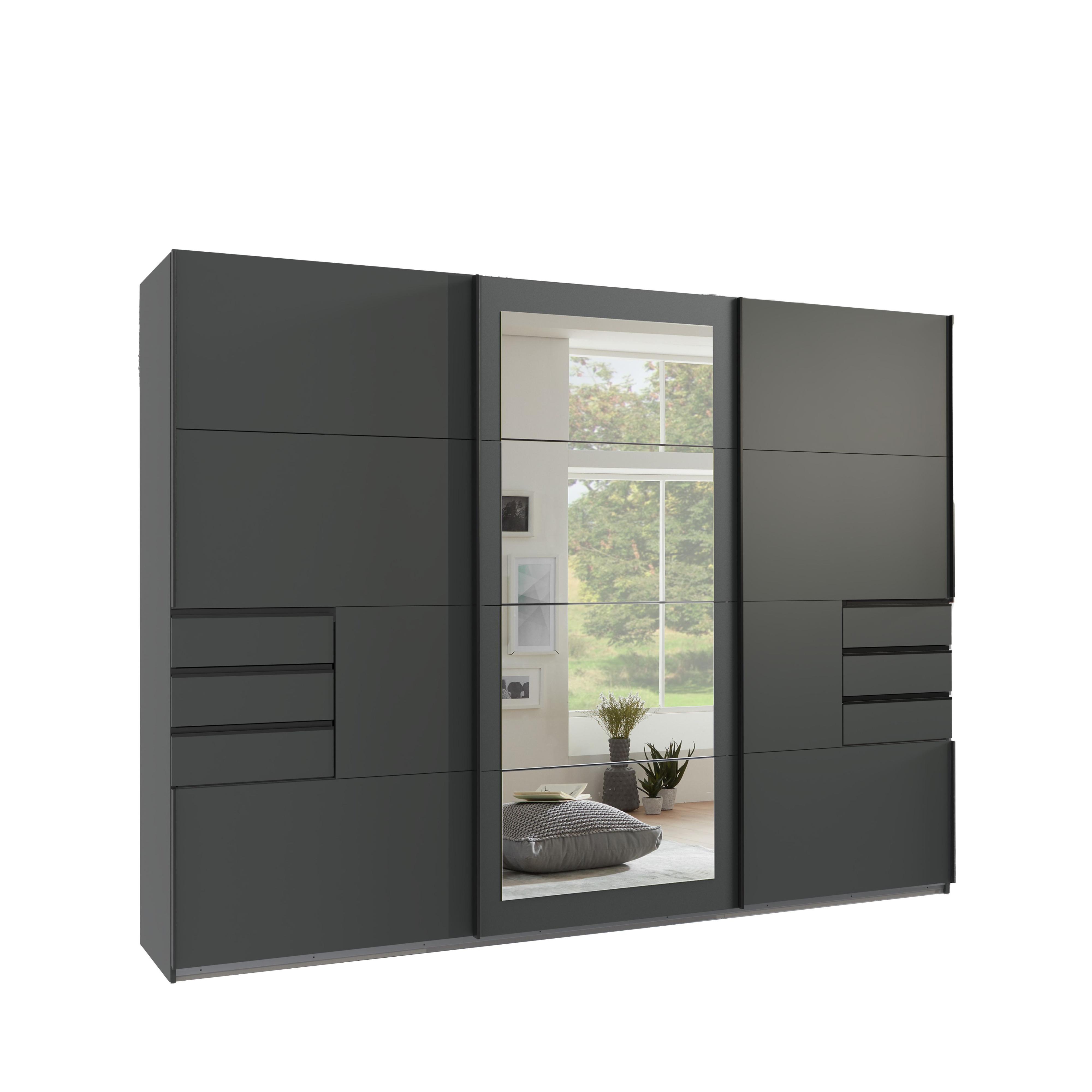 SCHWEBETÜRENSCHRANK 3-türig B273/H213/64 cm in Grafit mit Passepartout & Spiegel & Schubladen, Kleiderschrank inkl. Vollausstattung / 22504 - Blau/Graphitfarben, Holzwerkstoff/Metall (273/213/64cm) - luma-home