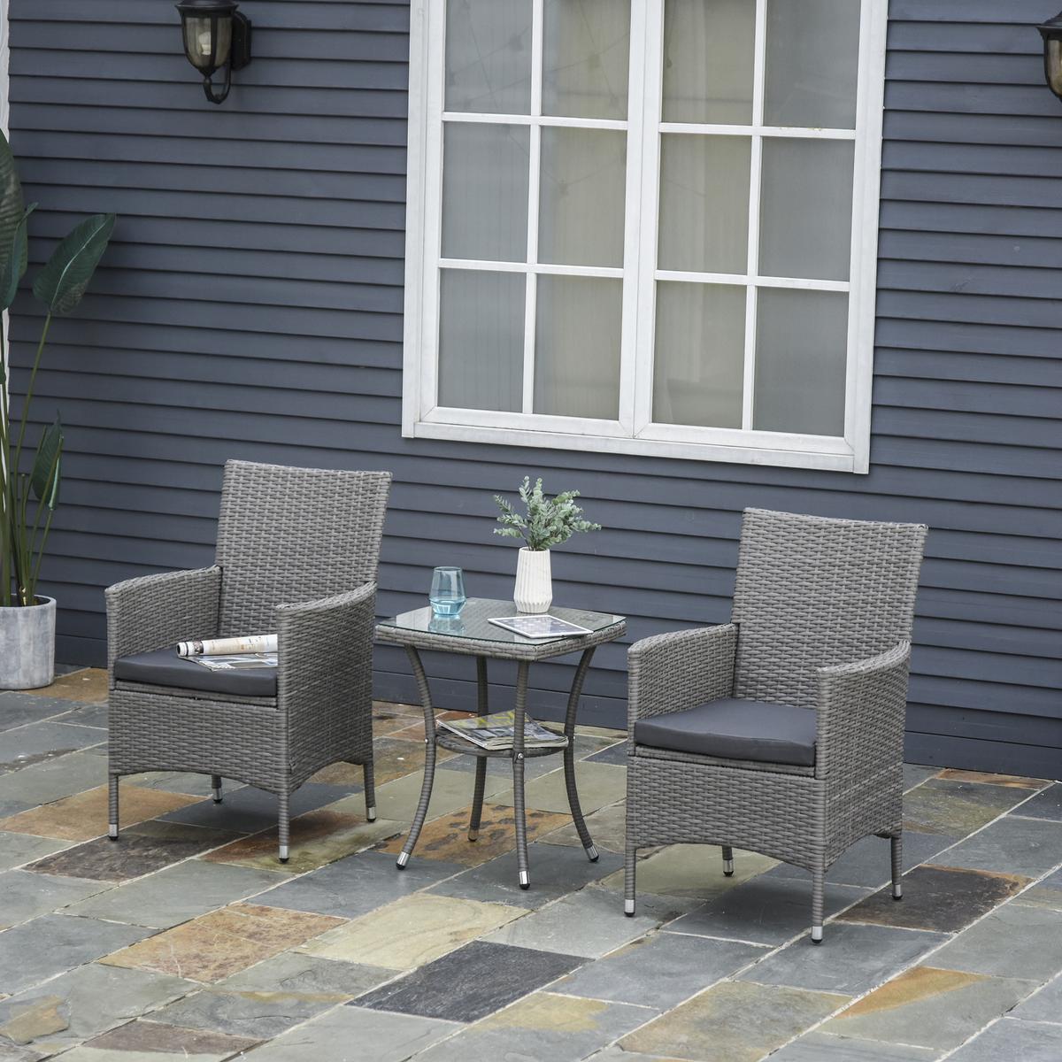 RATTAN Gartenmöbel Set mit Beistelltisch, Bistroset 3-tlg., Polyrattan + Stahl - Grau, Metall - Outsunny
