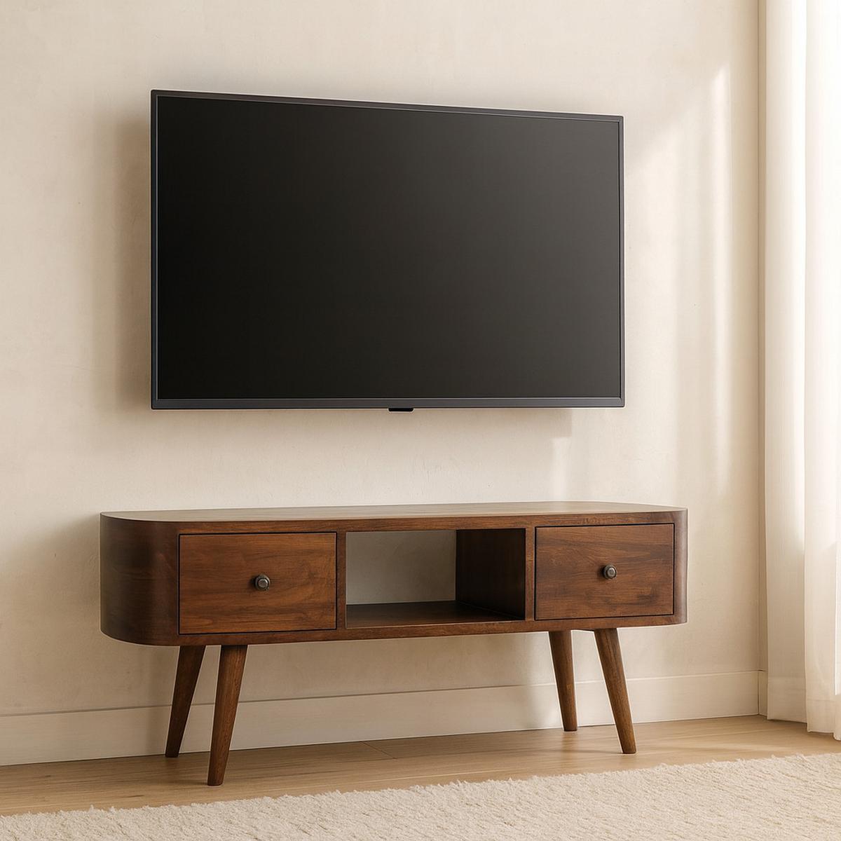 MEDIENANLAGE Runde Offene Lagerung, 2 Schubladen, im Kastanienholz-Finish, Beige - Messingfarben/Braun, Holz/Metall (30/100/37cm) - Artisan Furniture