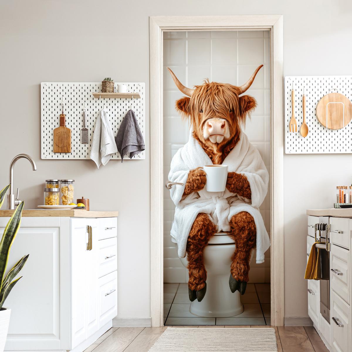 TÜRAUFKLEBER Schottischer Highlander - WC - Bademantel - Modern - Tiere 90x235 cm - Türtapete - Kastanienfarben, Kunststoff (90/0.1cm) - MuchoWow