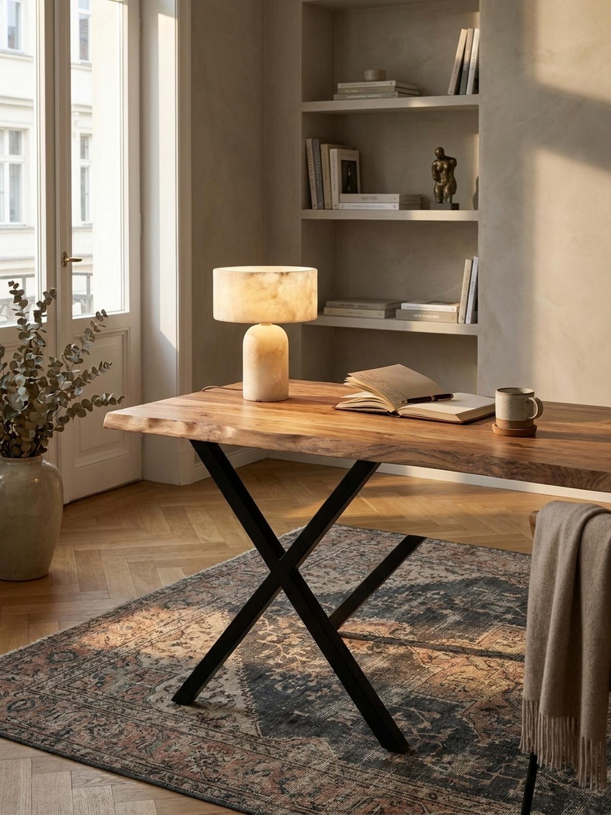 SCHREIBTISCH Massivholz X-Gestell Baumkante Handgefertigt KRETA, Goldbraun-Schwarz 160x80x76 cm - Schwarz/Braun, Holz/Metall (80/160/76cm) - KADIMA DESIGN