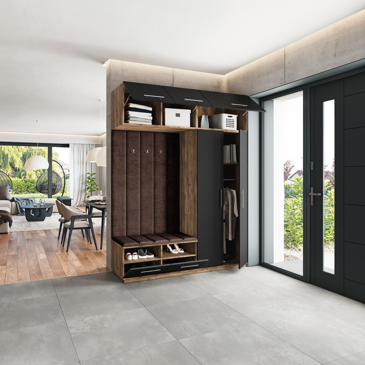 GARDEROBENSCHRANK REMA 180/240/60 cm Modern Garderobe-Set Eiche Lefkas - Eichefarben/Schwarz, Holzwerkstoff (180/240/60cm) - MASSENO