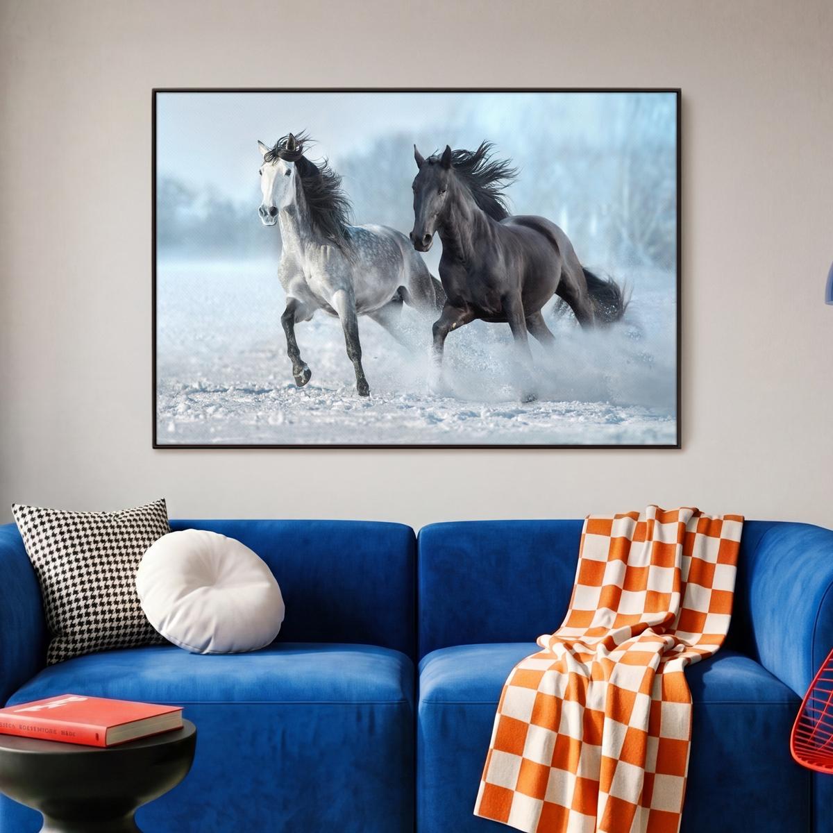 LEINWAND Bilder mit Rahmen - Pferde - Winter - Tiere - Natur - Schnee - 90x60 - Anthrazit, Textil (90/60cm) - MuchoWow