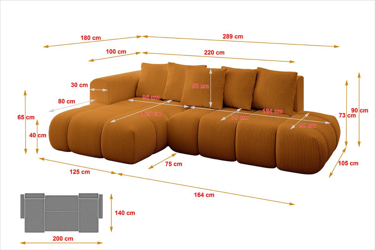 ECKSOFA Ottomane Links CLOUD-L-v1 280x185x90 Senfgelb Cord - Currygelb, Holzwerkstoff/Kunststoff (180/289cm) - ALTDECOR