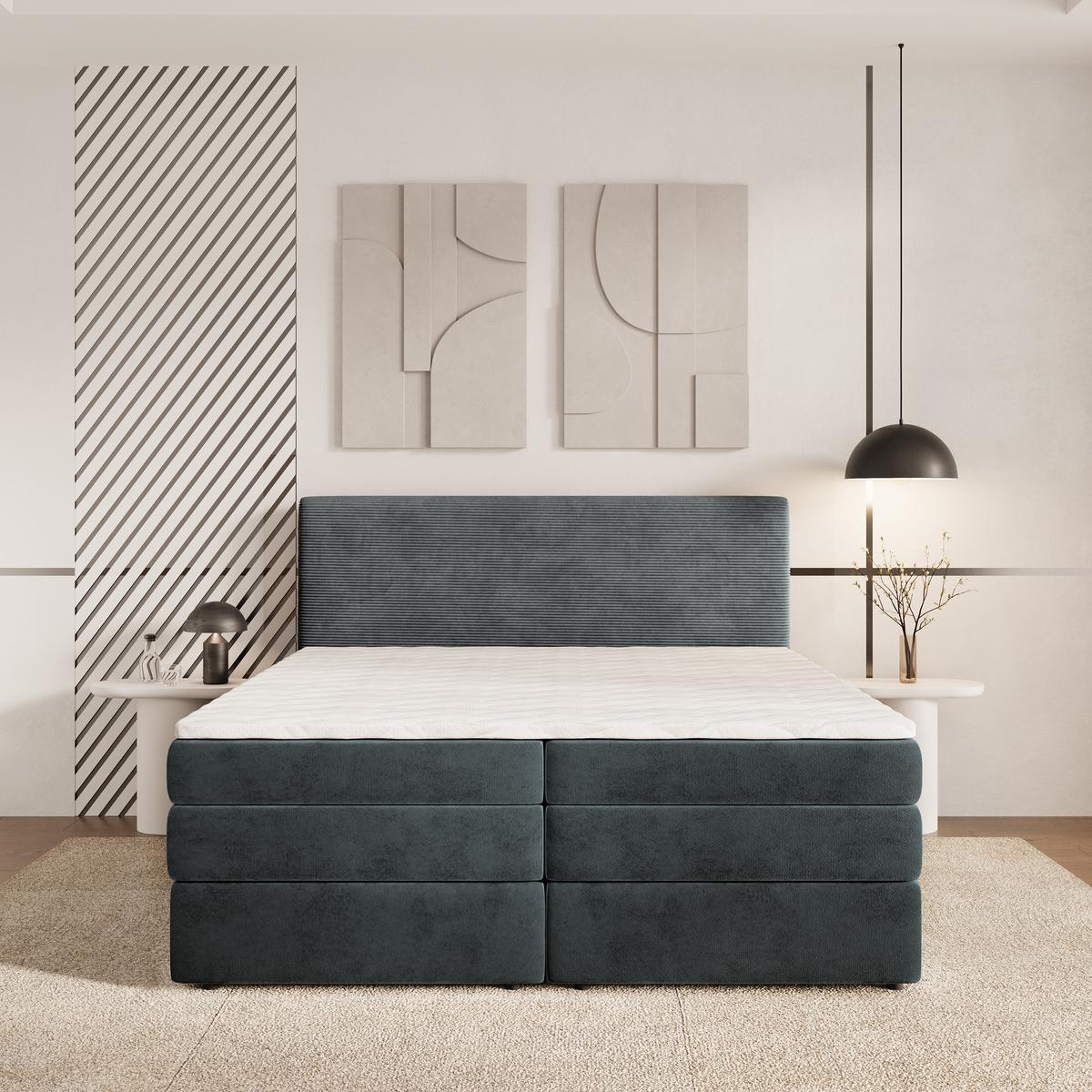 BOXSPRINGBETT MATERN 180x200 cm mit Matratze und Topper - Grau - Grau, Holz (180/200cm) - MASSENO