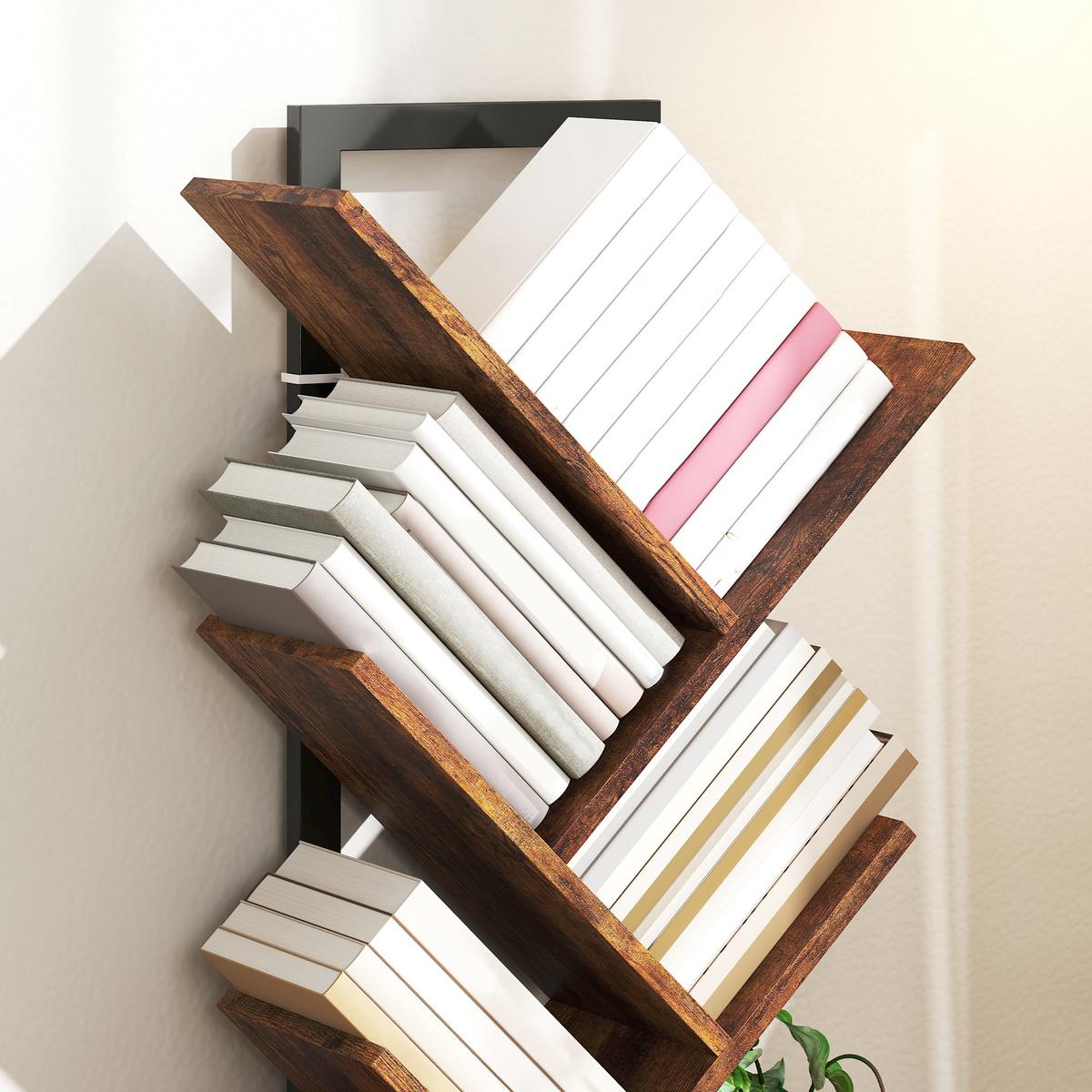 BÜCHERREGAL Standregal mit 9 Ebenen Schmal Regal im Baumform Rustikal Braun - Schwarz/Braun, Holzwerkstoff/Metall (24/136/50cm) - HOMCOM