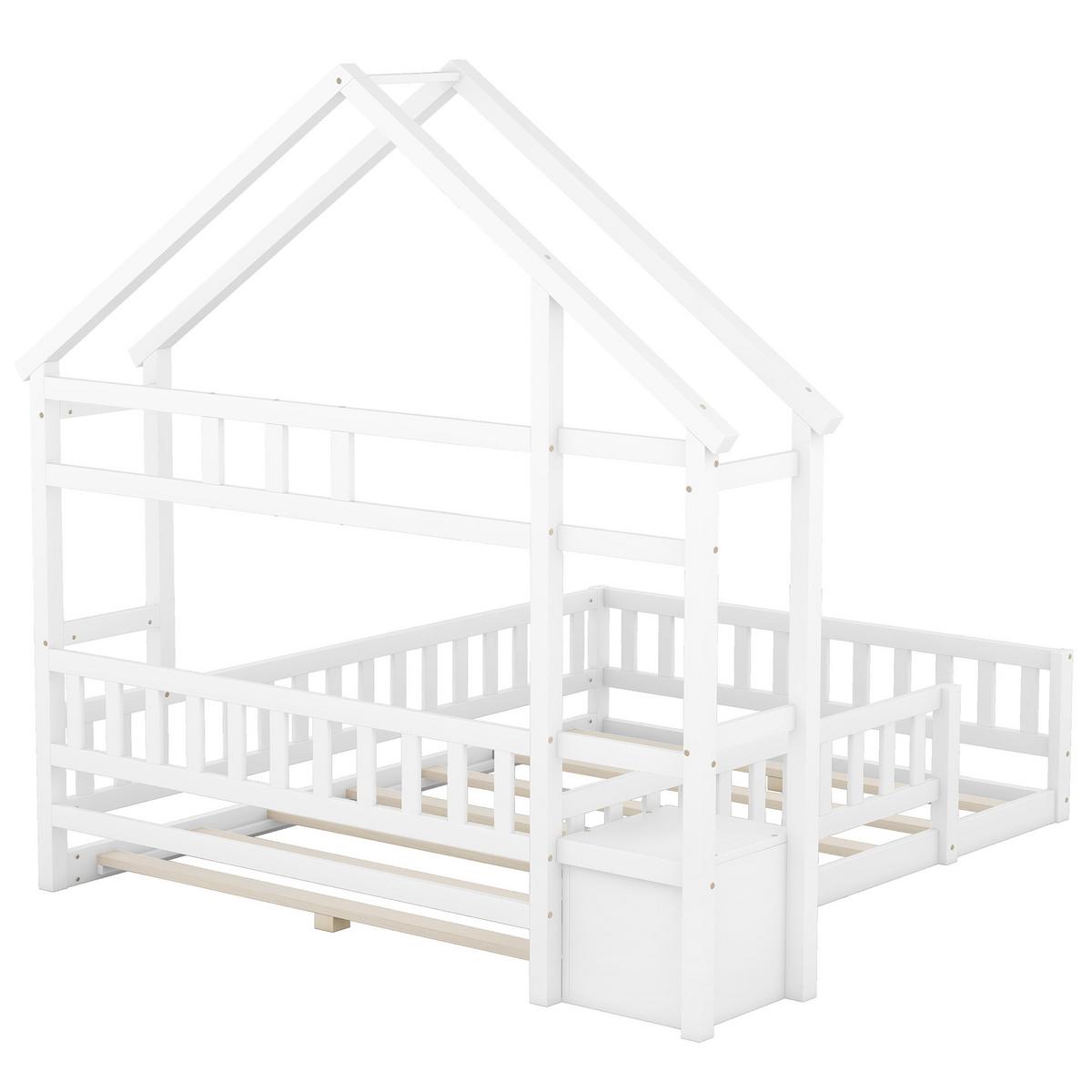 KINDERBETT 140x200 cm Hausbett Weiß – Massivholz Bett mit Geländer & Nachttisch - Weiß, Holz - Urban Meuble
