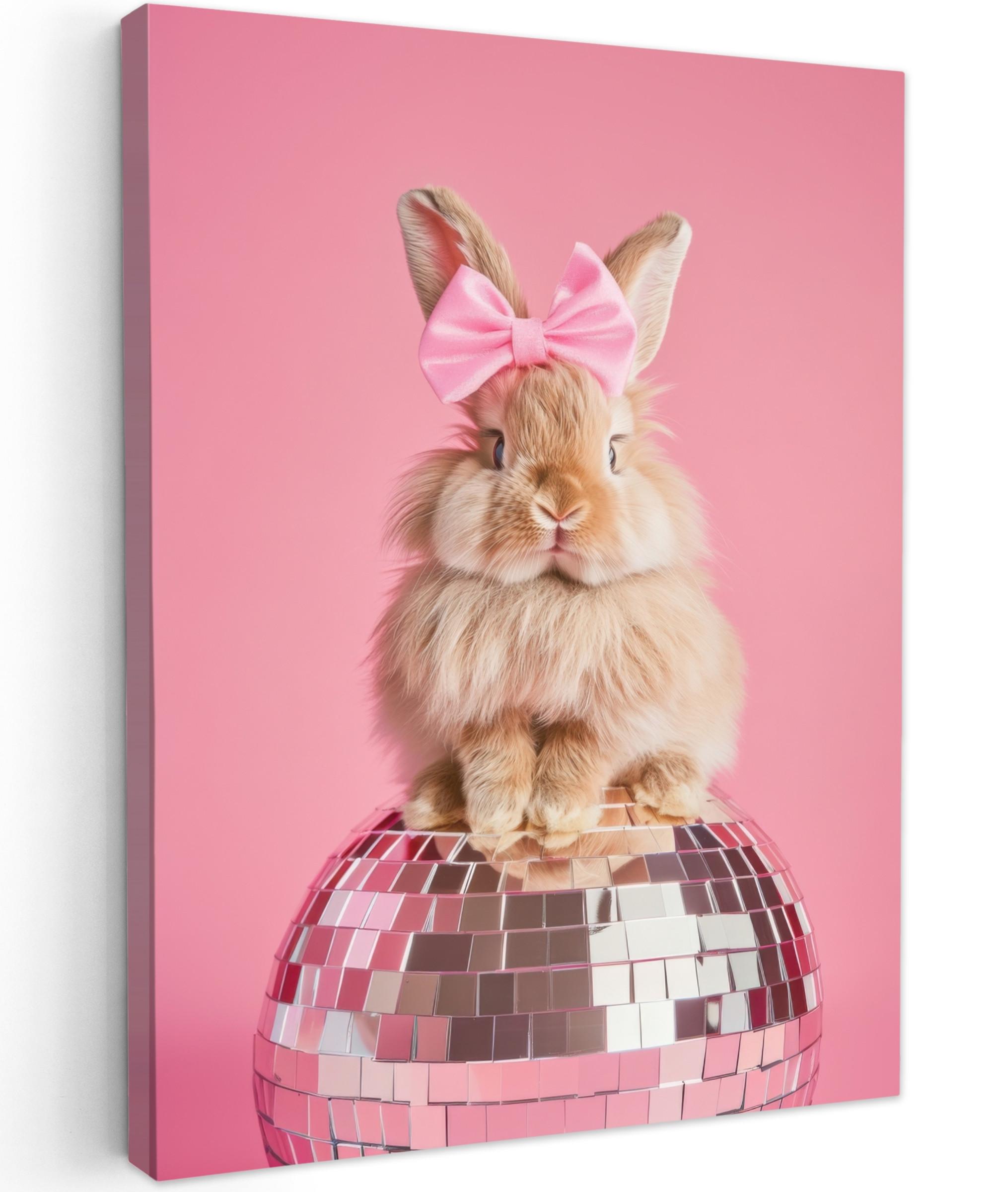 LEINWANDBILD Schleife - Discoball - Kaninchen Wandbild Wohnzimmer 60x80 cm - Pink, Textil (60/80cm) - MuchoWow