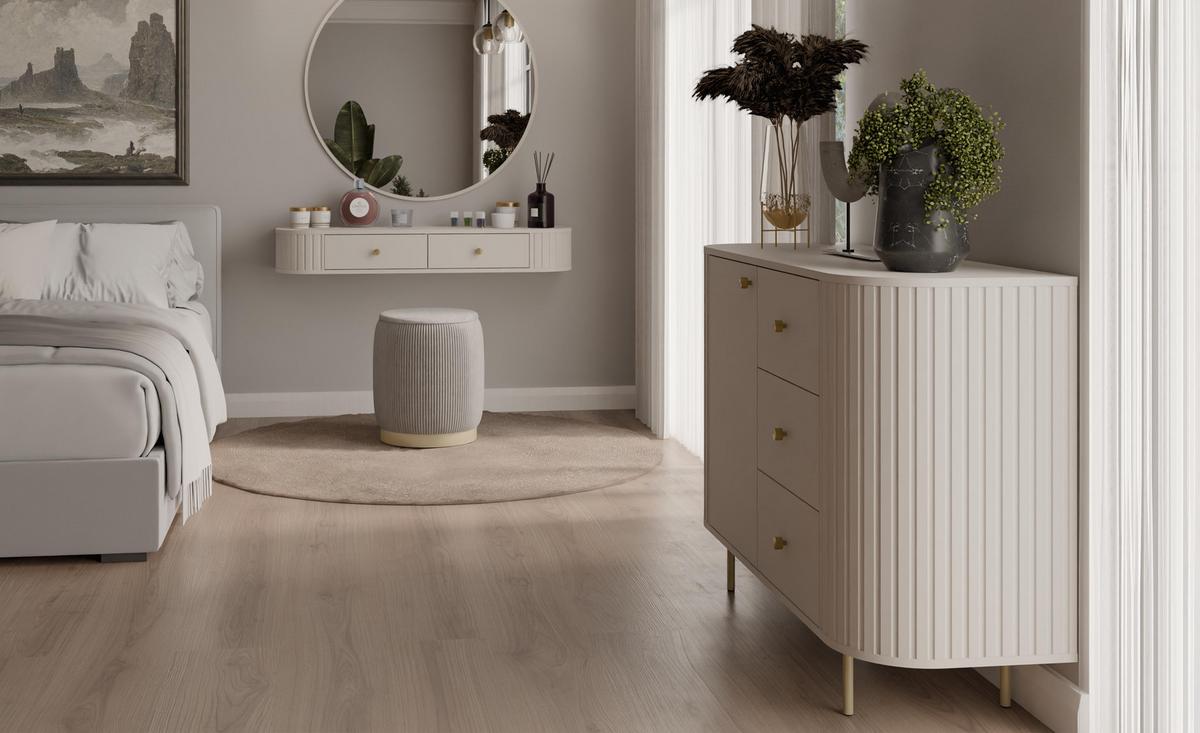 KONSOLENTISCH Halay Beige 2 Schubladen mit runden Kanten + Rund Spiegel 100 cm - Beige/Goldfarben, Holzwerkstoff/Metall (35.9/123/17.5cm) - AX Living