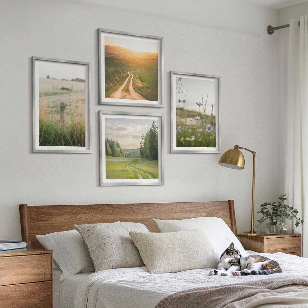 BILDER SET 4er Set - 50x50 cm & 40x60 cm Silberner Rahmen - Landschaften Natur Felder Sonne - Silberfarben, Kunststoff (50/50cm) - TULUP