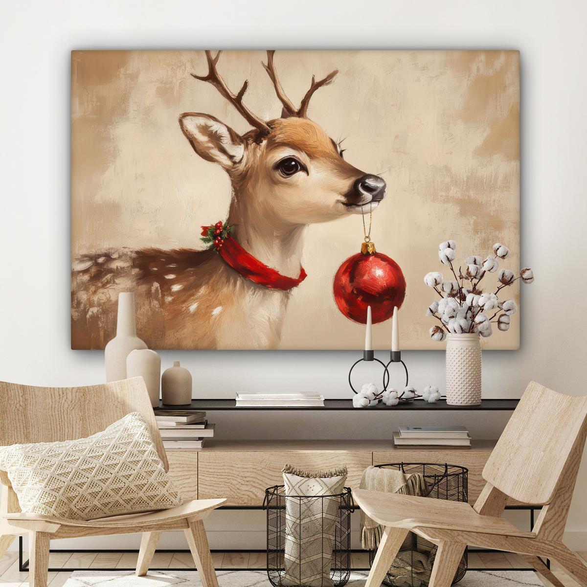 LEINWANDBILD Weihnachten - Hirsch - Geweih - Weihnachtskugel - Rentier Wohnzimmer Groß 120x80 cm - Hellbraun, Textil (120/80cm) - MuchoWow