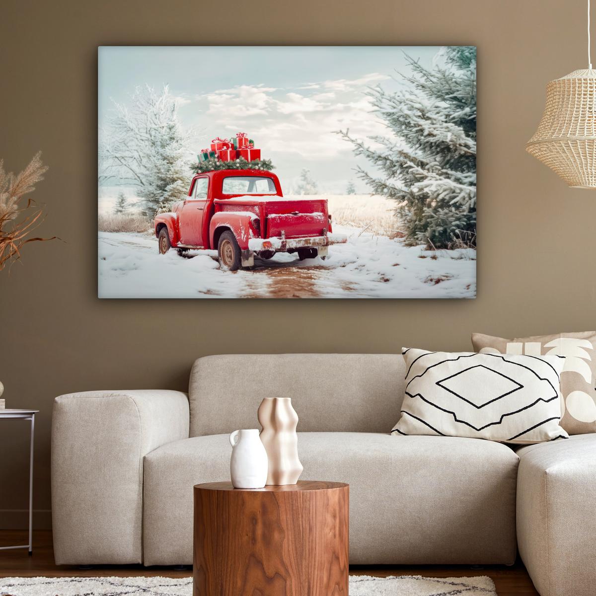 LEINWANDBILD Auto - Rot - Geschenke - Winter - Schnee - Weihnachten Groß 140x90 cm - Rot, Textil (140/90cm) - MuchoWow