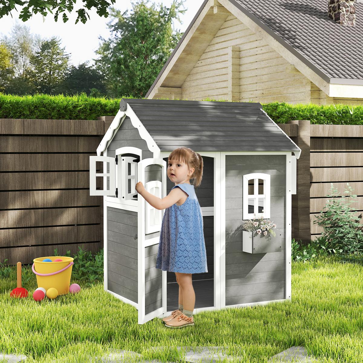 SPIELHAUS für Kinder, Indoor- und Outdoor-Haus mit Tür, Fenstern, Grau - Grau, Holz (104.5/137/110cm) - Outsunny