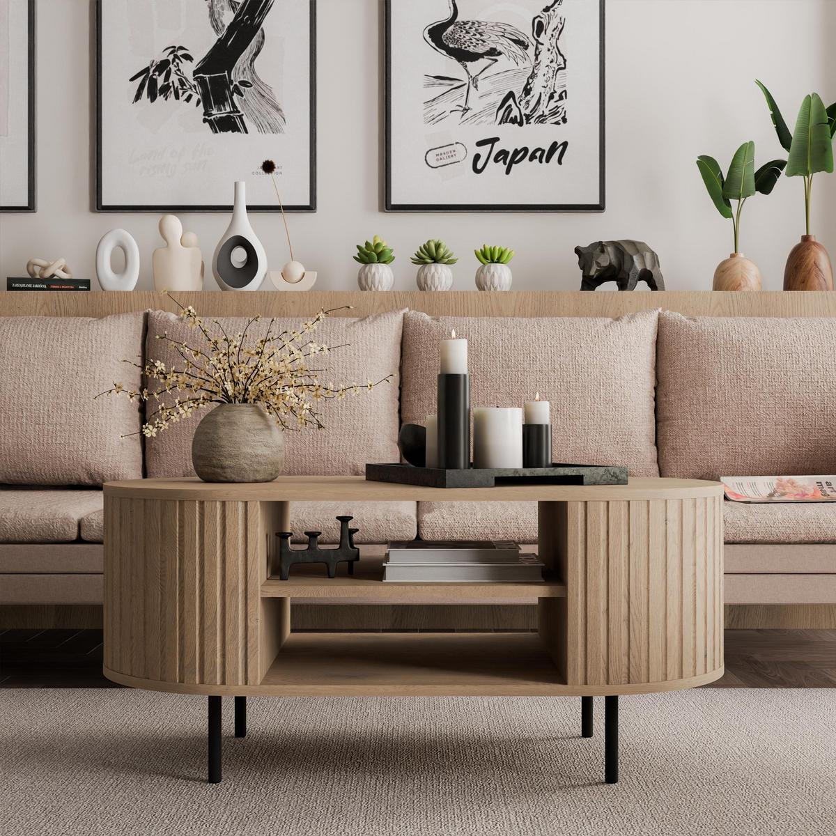 COUCHTISCH Halay Eiche Cremona, Moderne Rillenstruktur 100 cm, mit runden Kanten - Eichefarben/Schwarz, Holzwerkstoff/Metall (45/100/52cm) - AX Living
