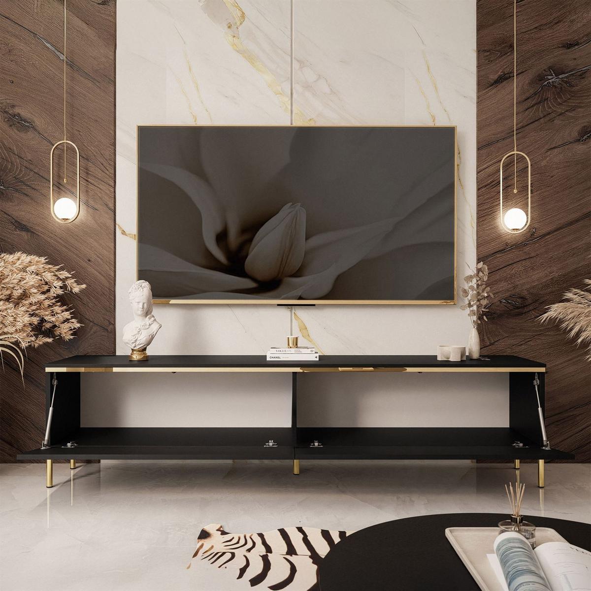 TV-LOWBOARD AURORA Schwarz Matt mit gerade Goldchrom Fuße - Goldfarben/Schwarz, Holzwerkstoff/Metall (180/46/40cm) - Lookway