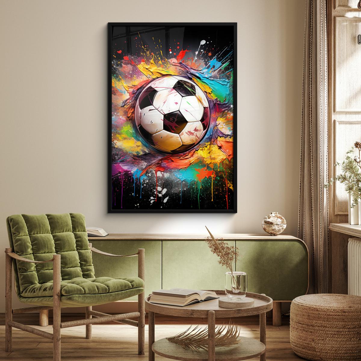 POSTER MIT RAHMEN Fußball - Farbe - Farben - Schwarz - Weiß Bilderleiste 80x120 cm - Weiß, Papier (80/120cm) - MuchoWow