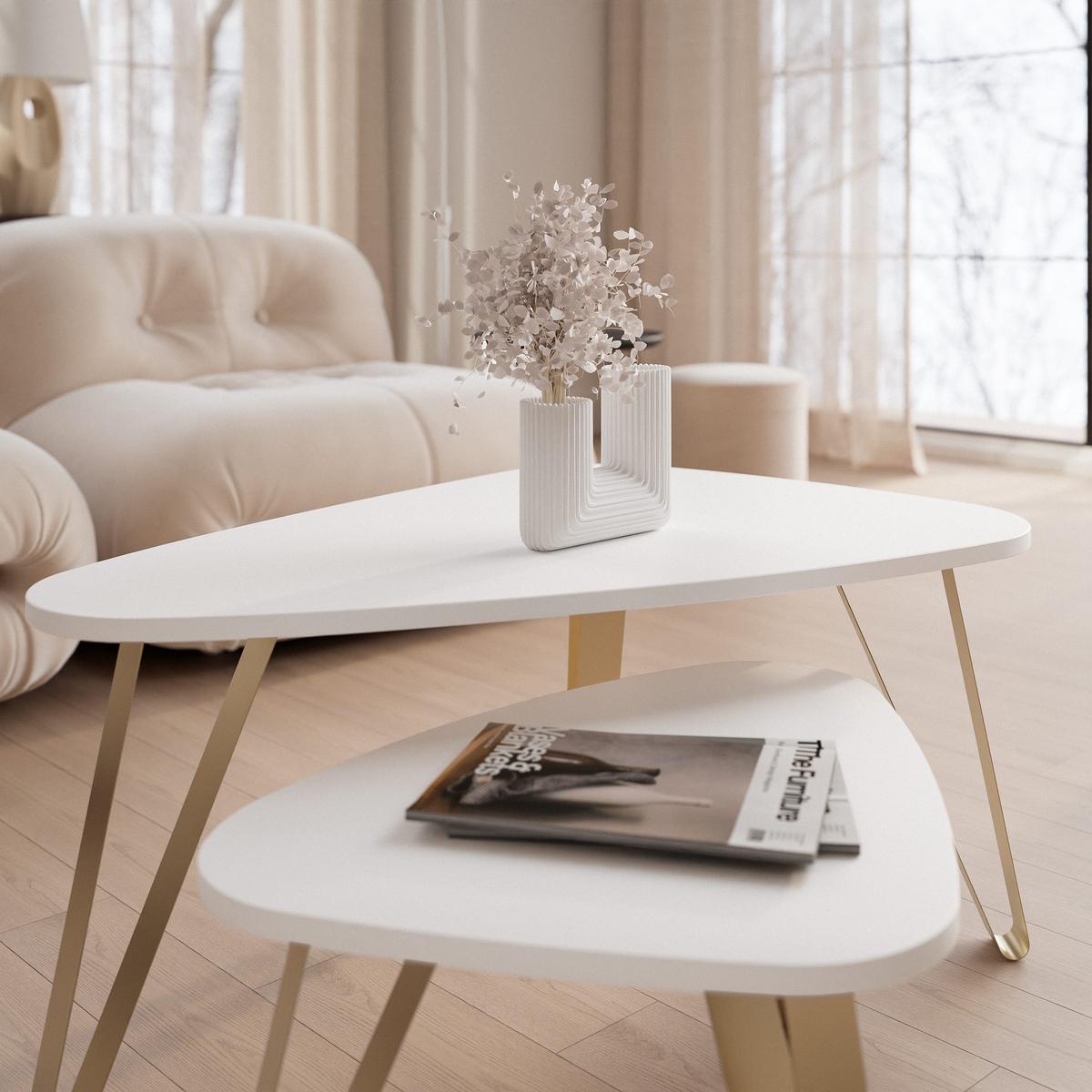 SATZTISCH NOA Stahlgestell, Freiform, Gold / Arktisweiß - Goldfarben/Weiß, Holzwerkstoff/Metall (94/60/42cm) - Idohome