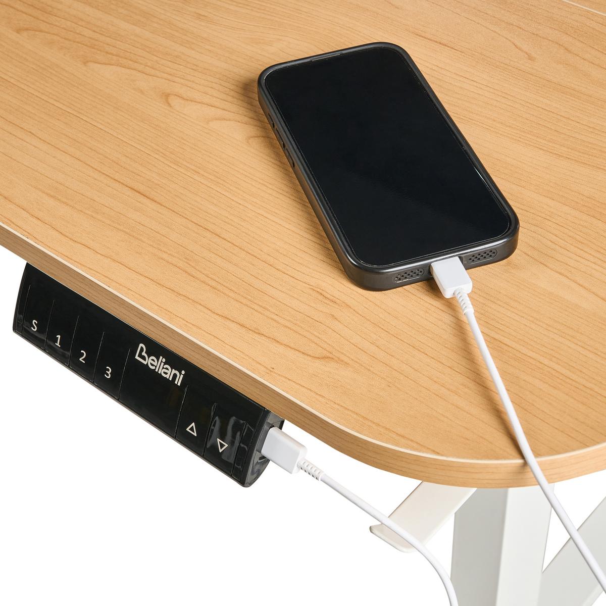 SCHREIBTISCH elektrisch höhenverstellbar 120/60 cm mit USB-Anschluss Hellbraun/Weiß Wilbanks - Hellbraun/Braun, Holzwerkstoff/Metall (60/120/90cm) - Beliani