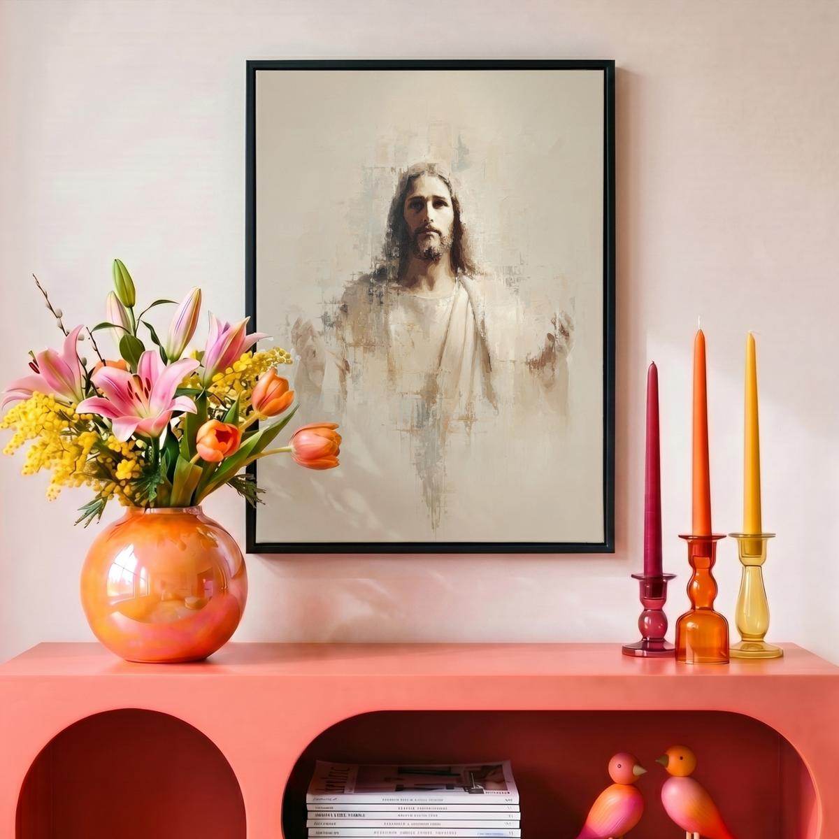 LEINWAND Bilder mit Rahmen - Porträt - Abstrakt - Jesus - Beige - 30x40 - Beige, Textil (30/40cm) - MuchoWow