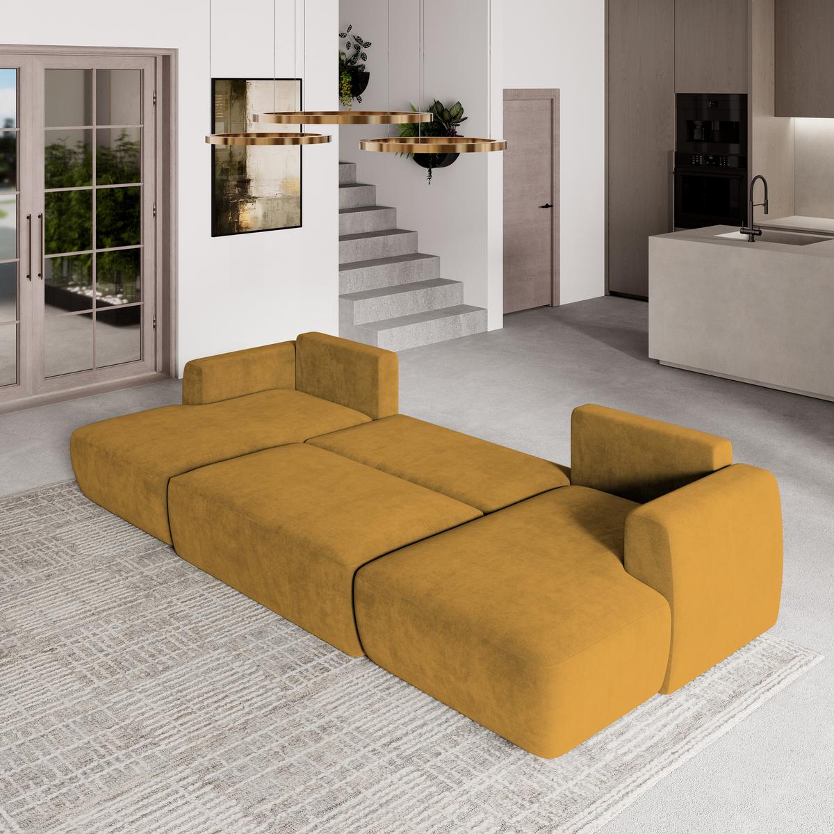 WOHNLANDSCHAFT SENTUM K Gelb Plüsch-Stoff mit Schlaffunktion - Gelb/Schwarz, Holz/Kunststoff (330/90/148cm) - MASSENO