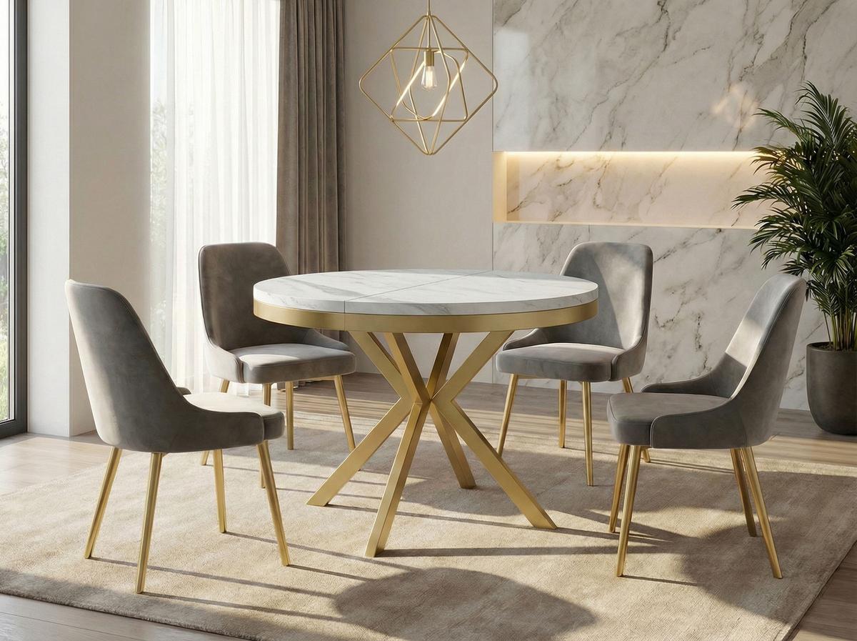 ESSTISCH Dina runder ausziehbarer, Marmor Weiß 120-200/100/76 cm - Ecru/Goldfarben, Holzwerkstoff/Metall (120/200/76cm) - WFL GROUP