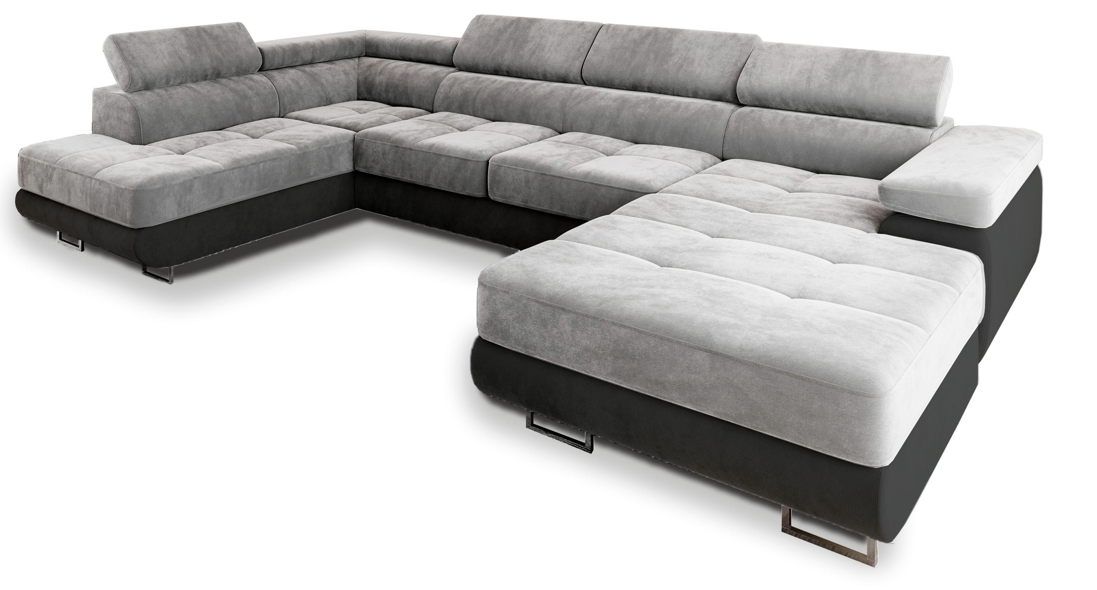 WOHNLANDSCHAFT CASONE L-S Hellgrau Velours-Stoff mit Schlaffunktion - Silberfarben/Hellgrau, Holz/Textil (345/90/202cm) - MASSENO