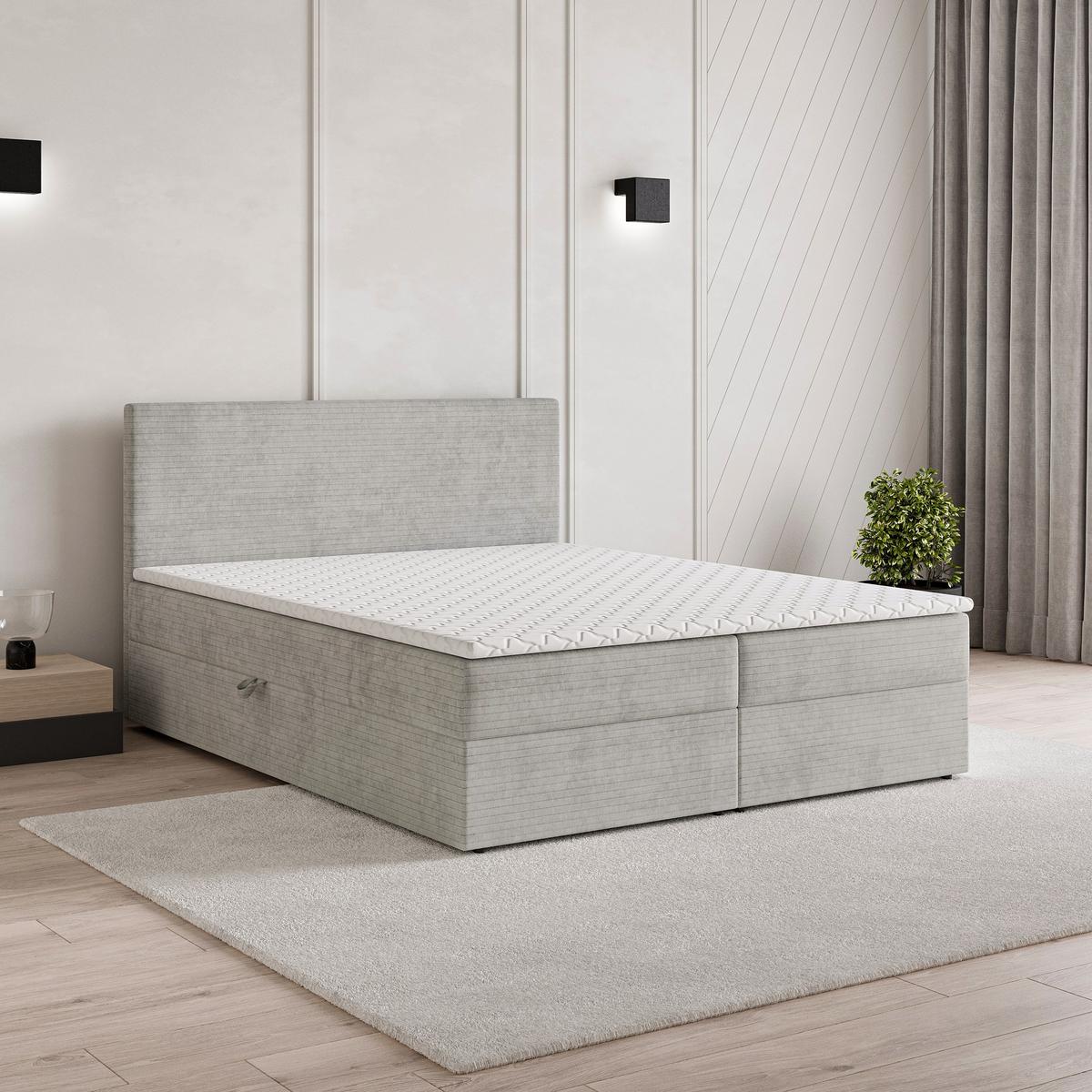 BOXBETT NIRA 180x200 cm mit Matratze und Topper - Hellgrau - Hellgrau, Holz (180/200cm) - MASSENO